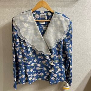 Vintage 80s/90s Leslie Fay Top Blouse Blue White Floral Wide Collar Women's 14